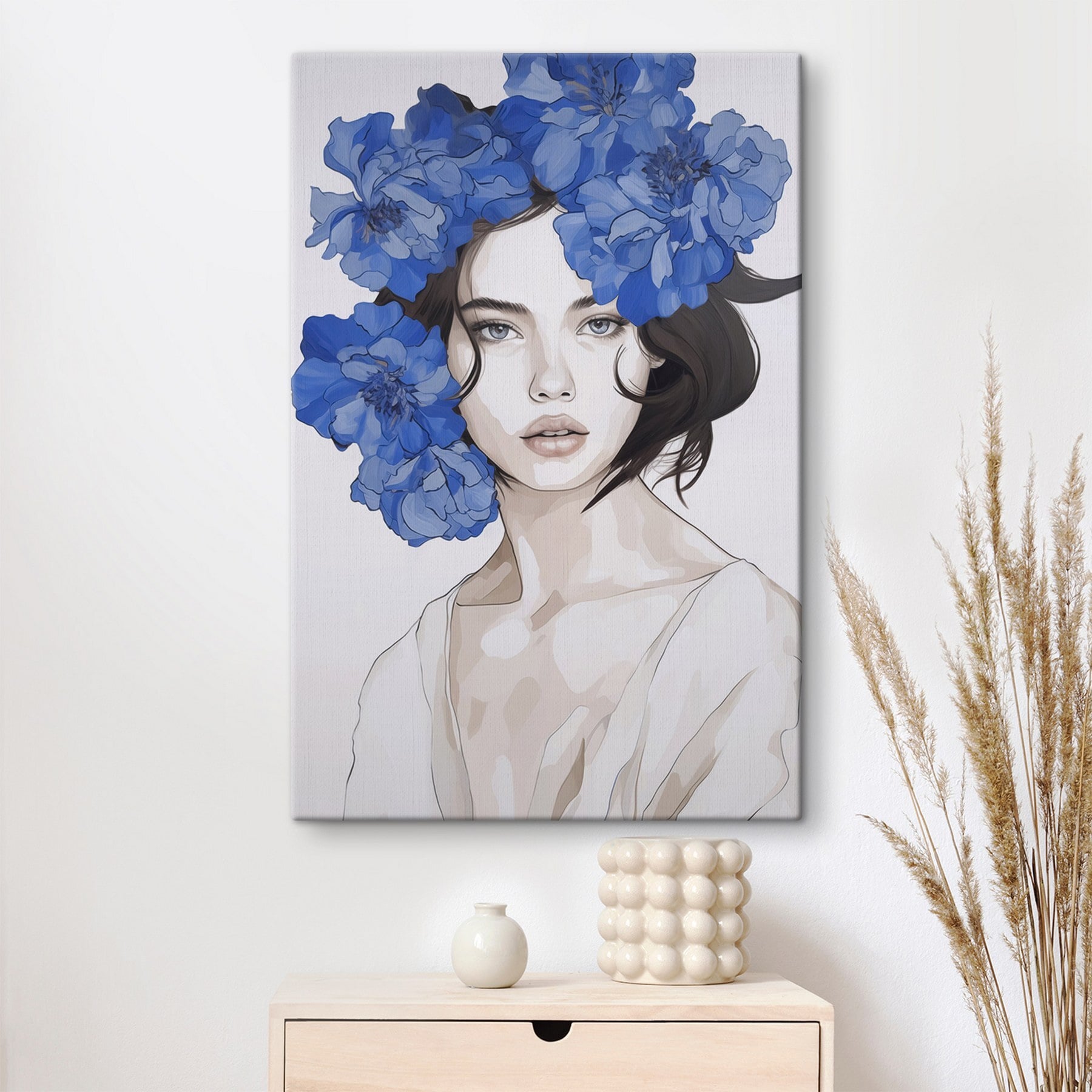 Woman with blue flowers on her head