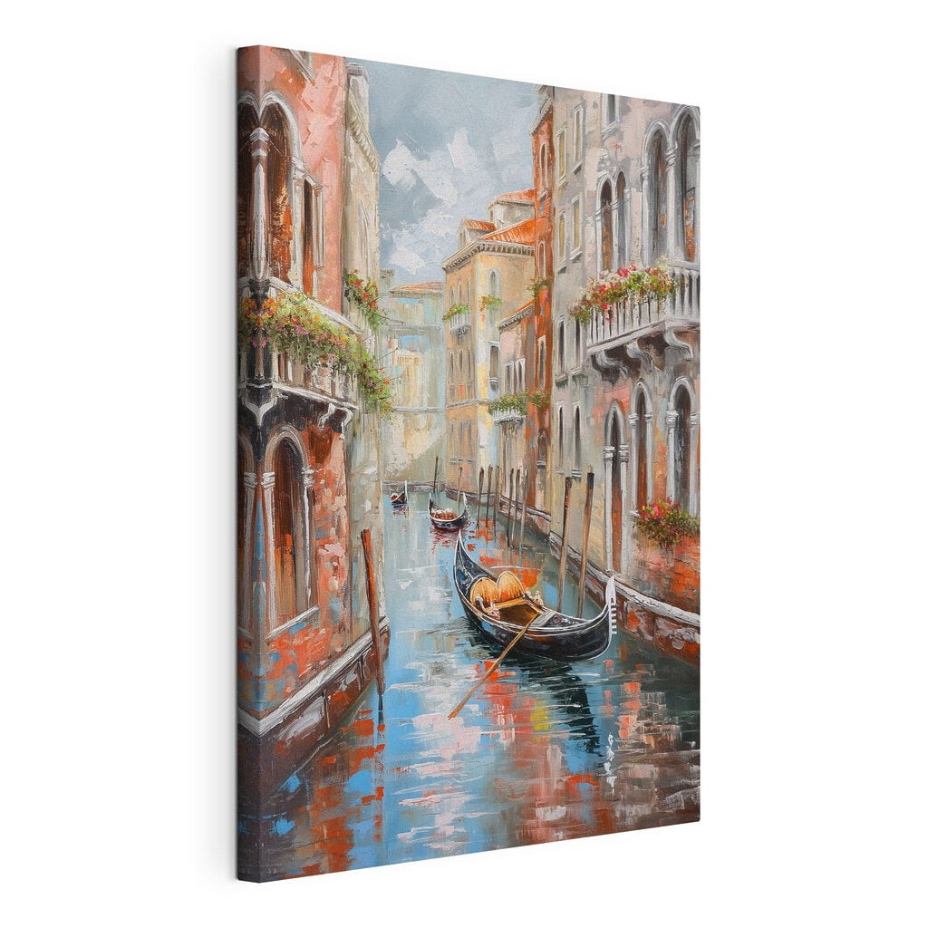 Painting of a canal with a gondola in the middle of a city