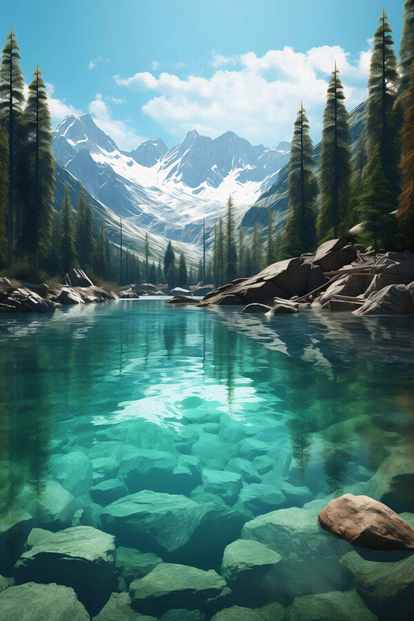 Mountain lake with trees and rocks
