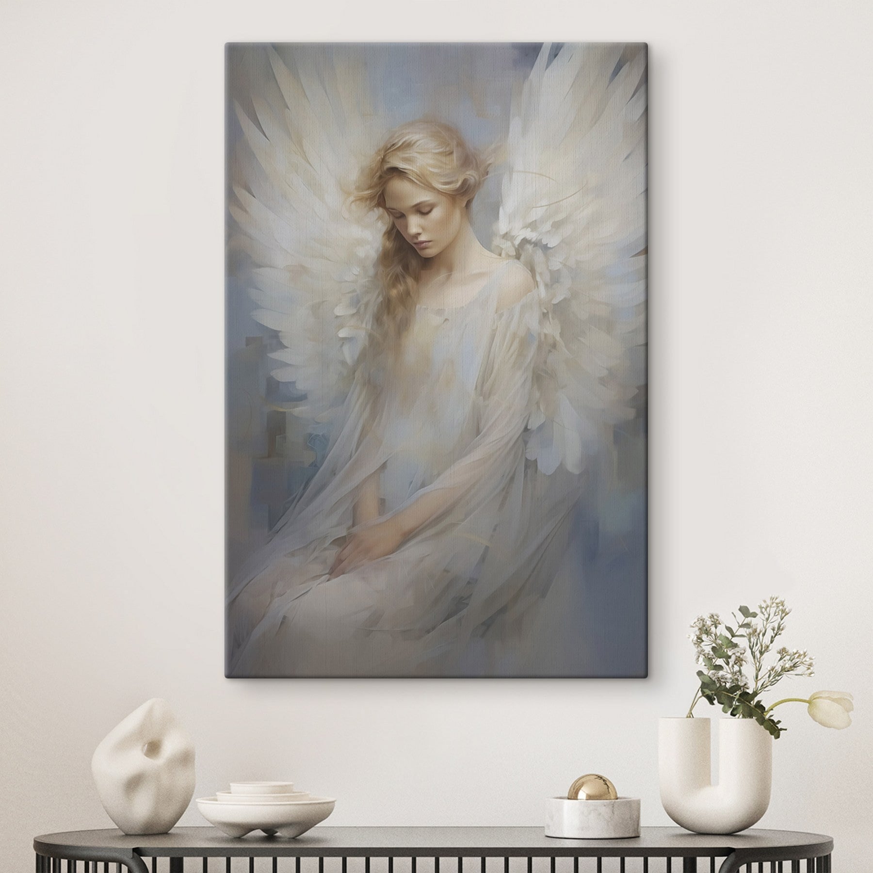 Woman in a white dress with wings