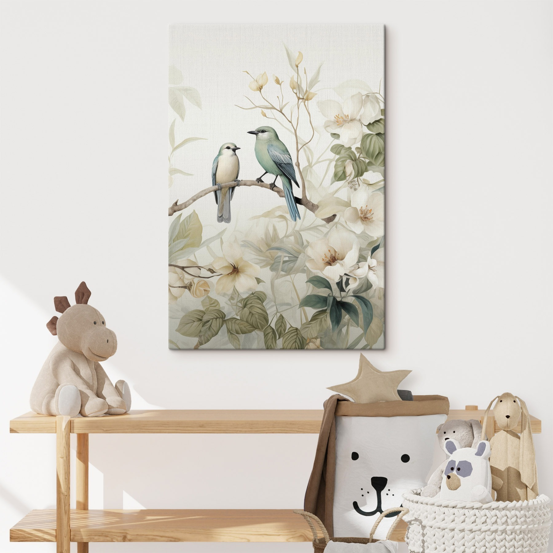 Two birds on a branch with flowers