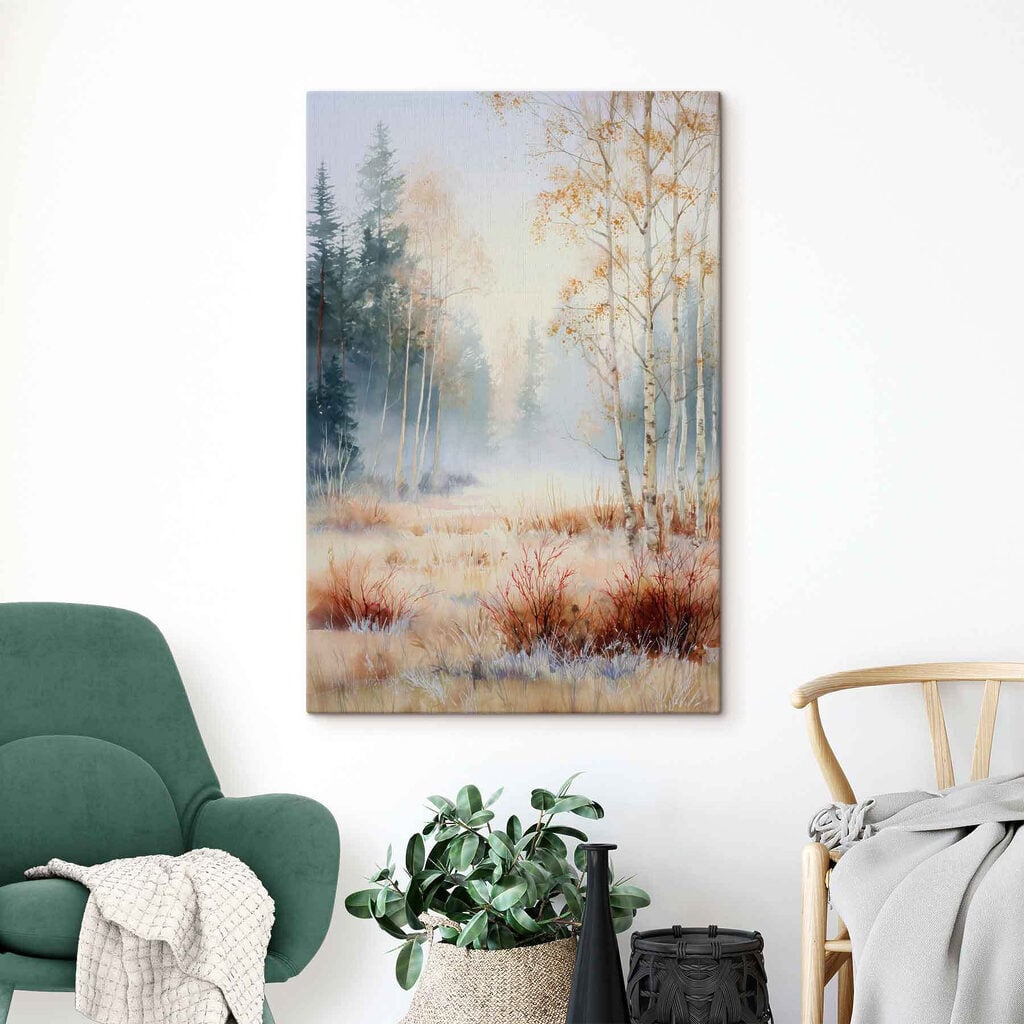 Painting of a forest with trees and fog