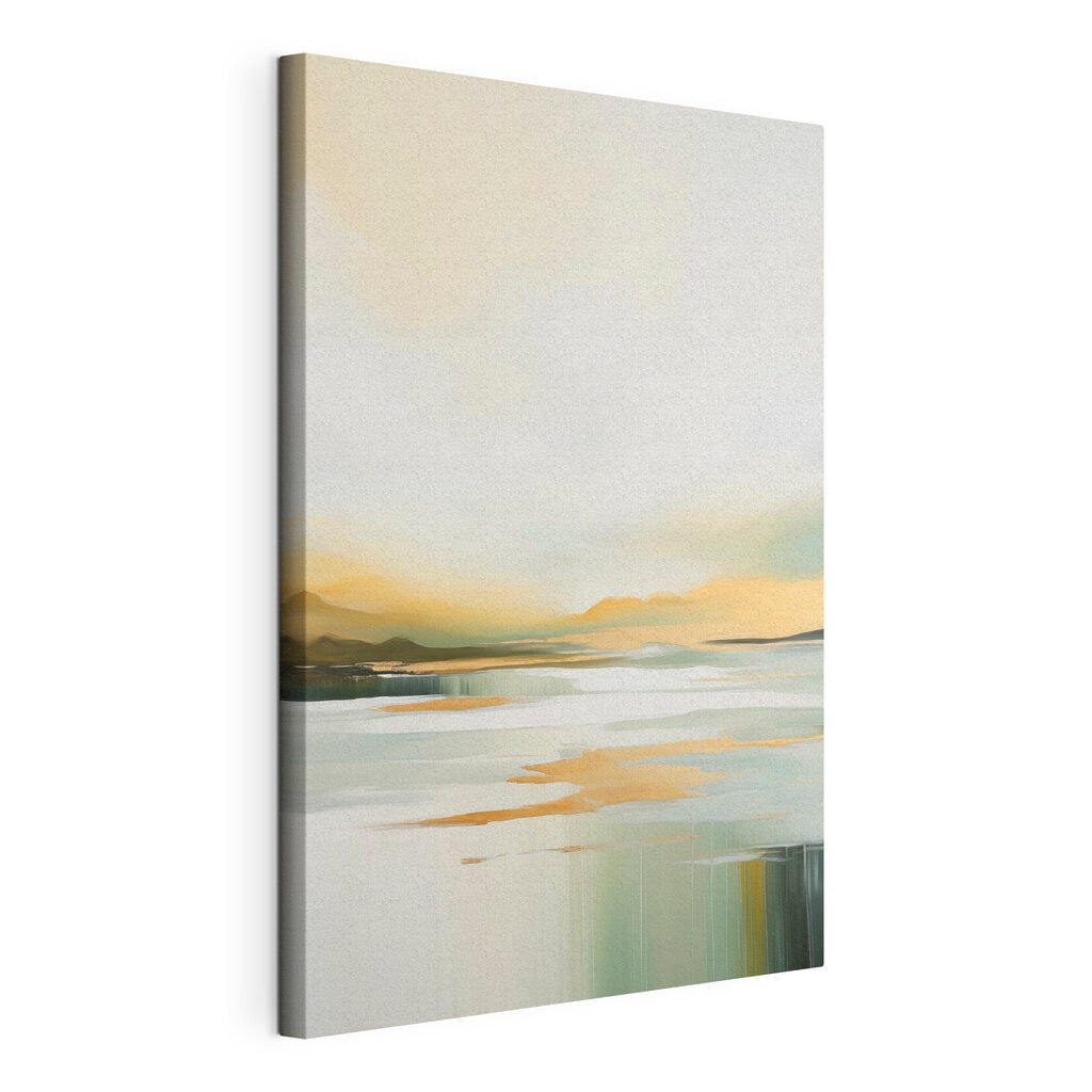 Painting of a lake with mountains in the background