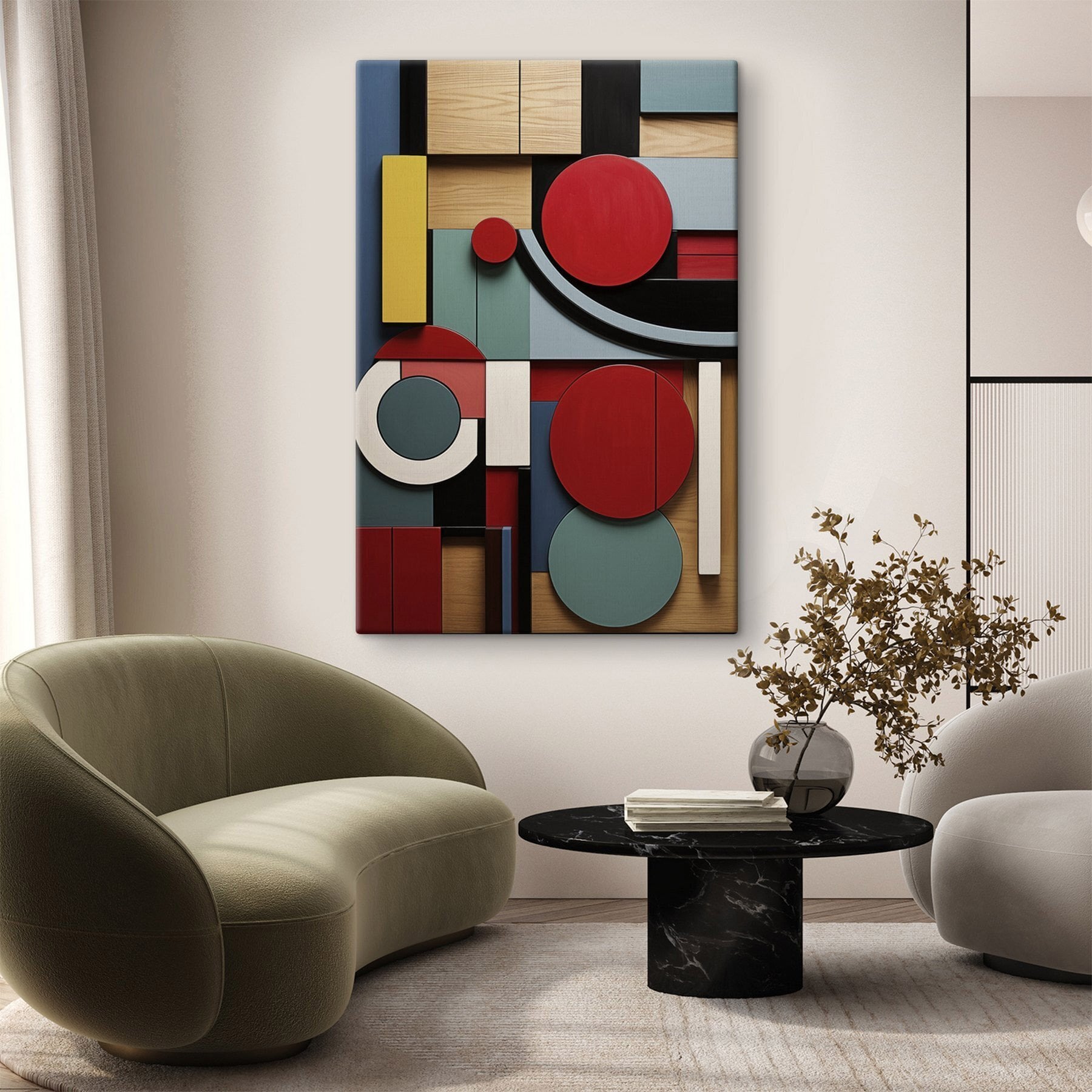 Colorful art piece with circles and squares