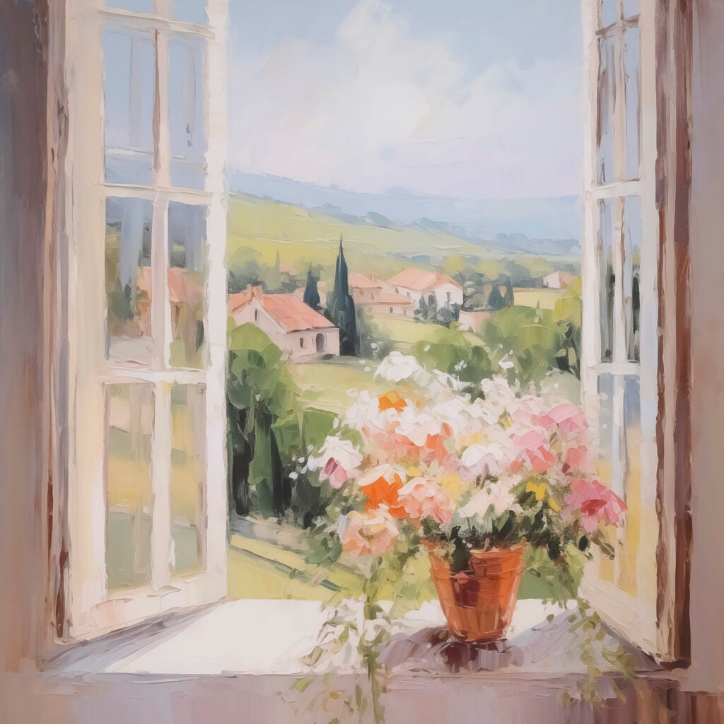 Painting of a window with flowers in it