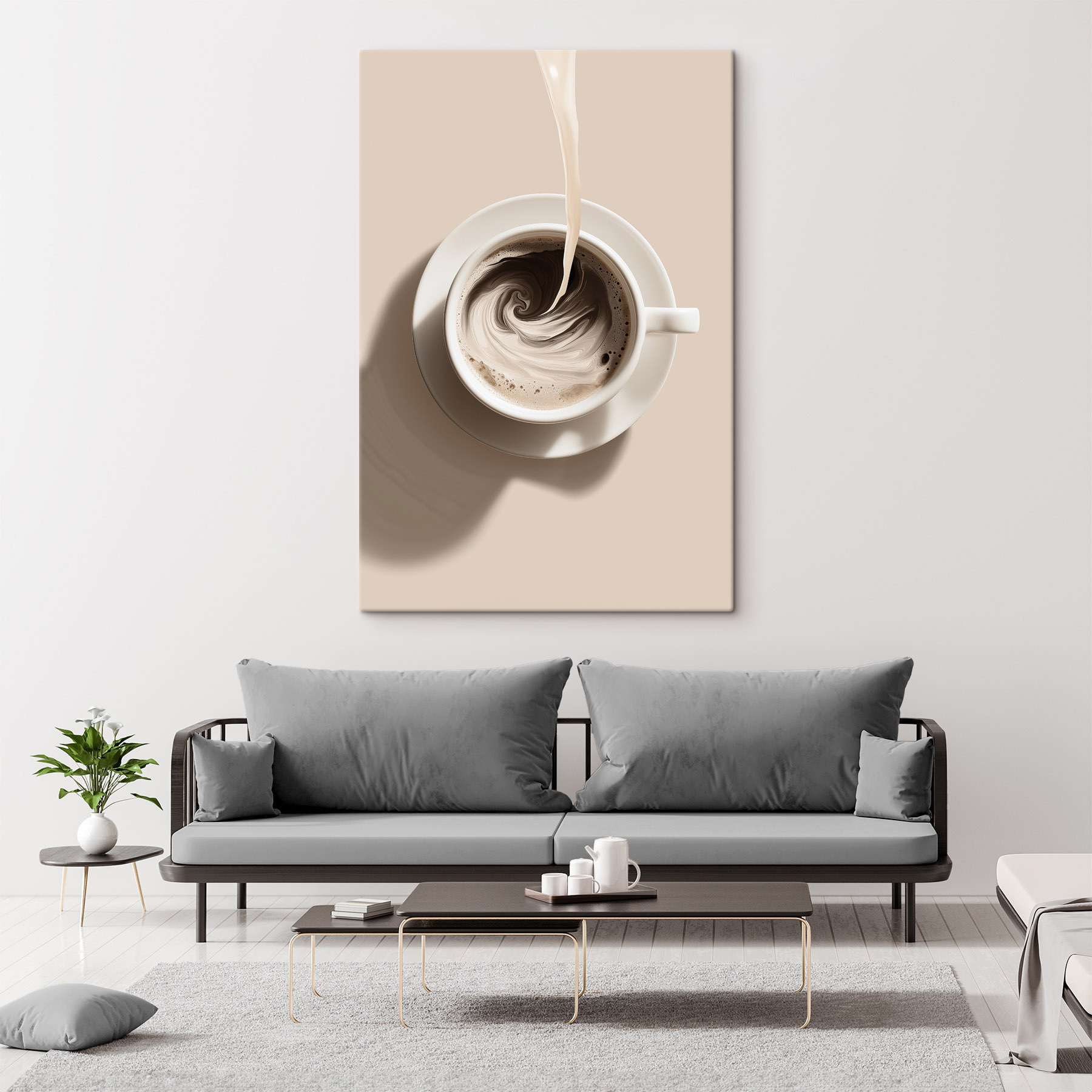 Cup of coffee with milk pouring into it