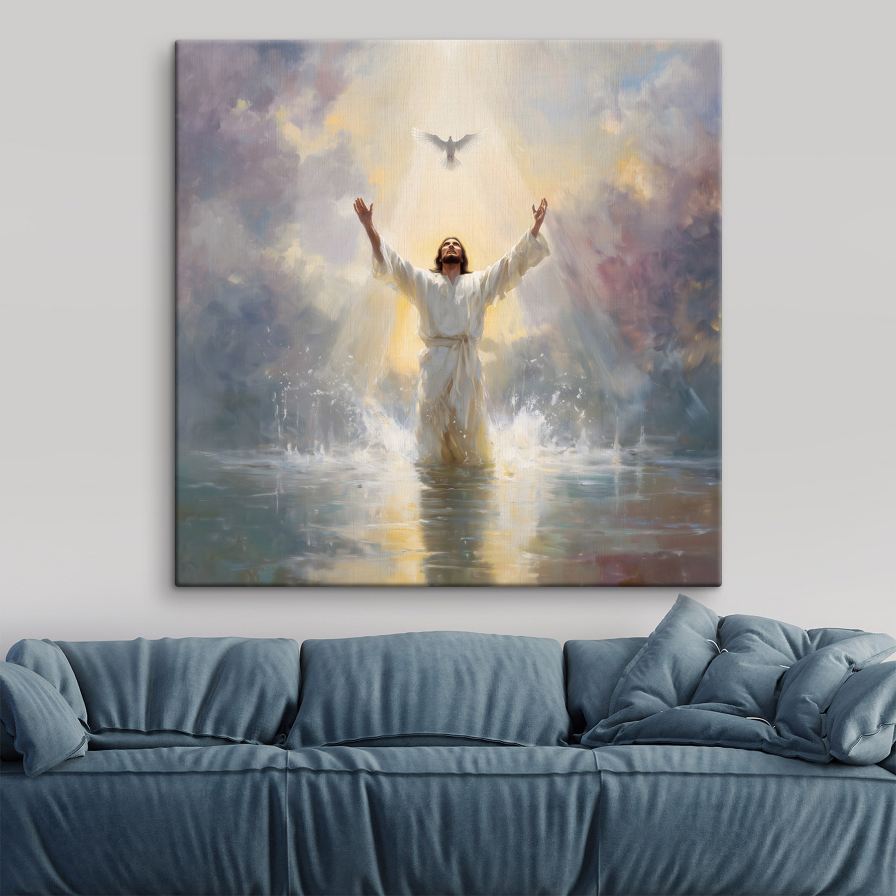 Man in white robe standing in water with arms outstretched