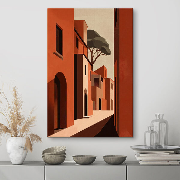 Vászonképek Vászonképek Festmény, amelyen egy utca látható épületekkel és fákkal (Cikkszám: s49436)