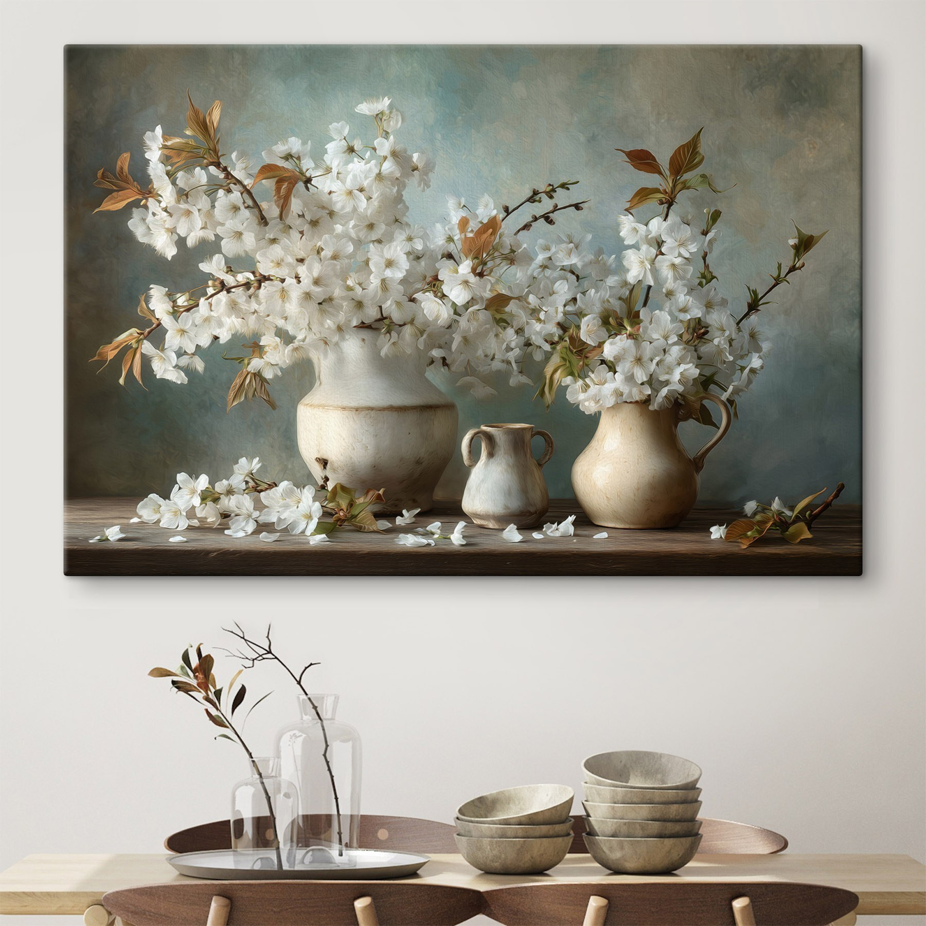 Group of white flowers in vases