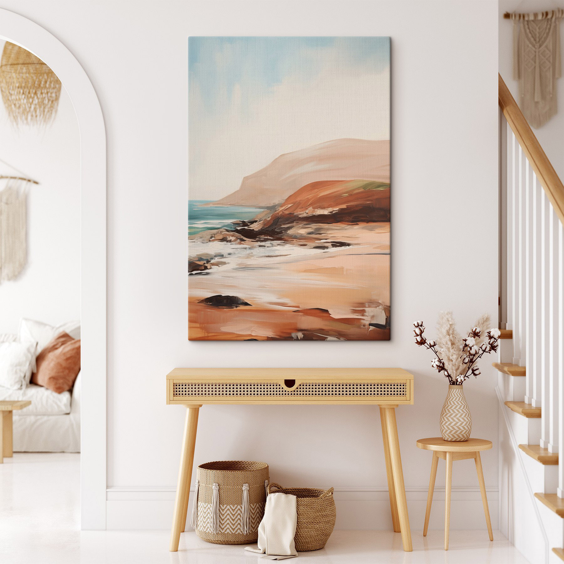 Painting of a beach with a rocky shore