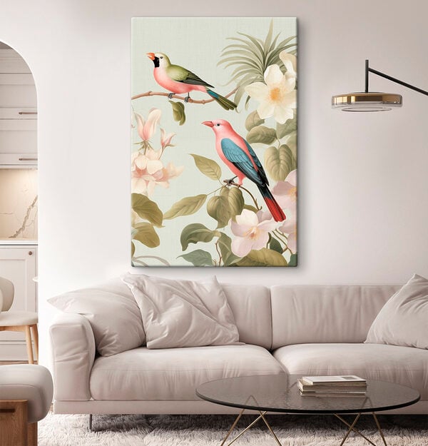 Couple of birds on a branch with flowers