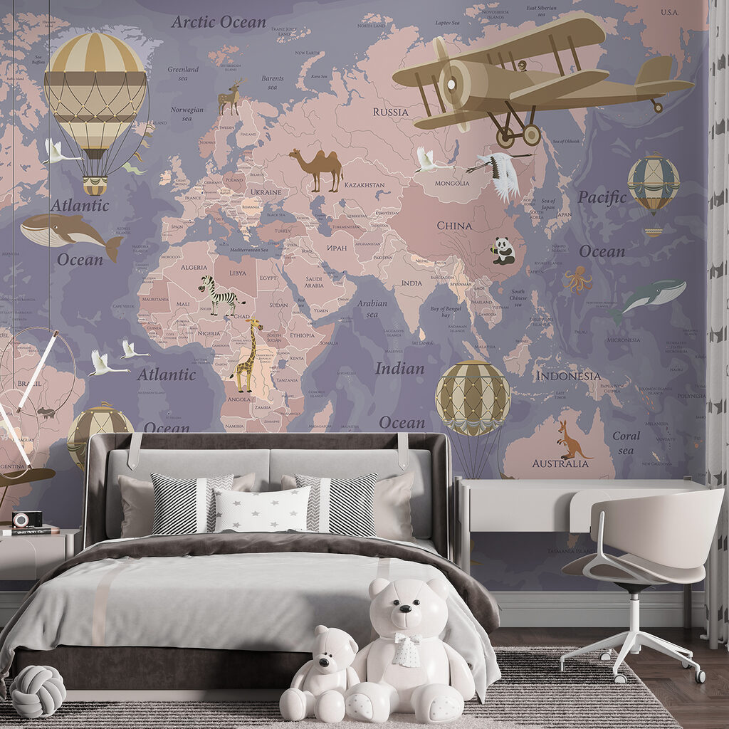 A map of the world with airplanes and hot air balloons A map of the world with airplanes and hot air balloons
